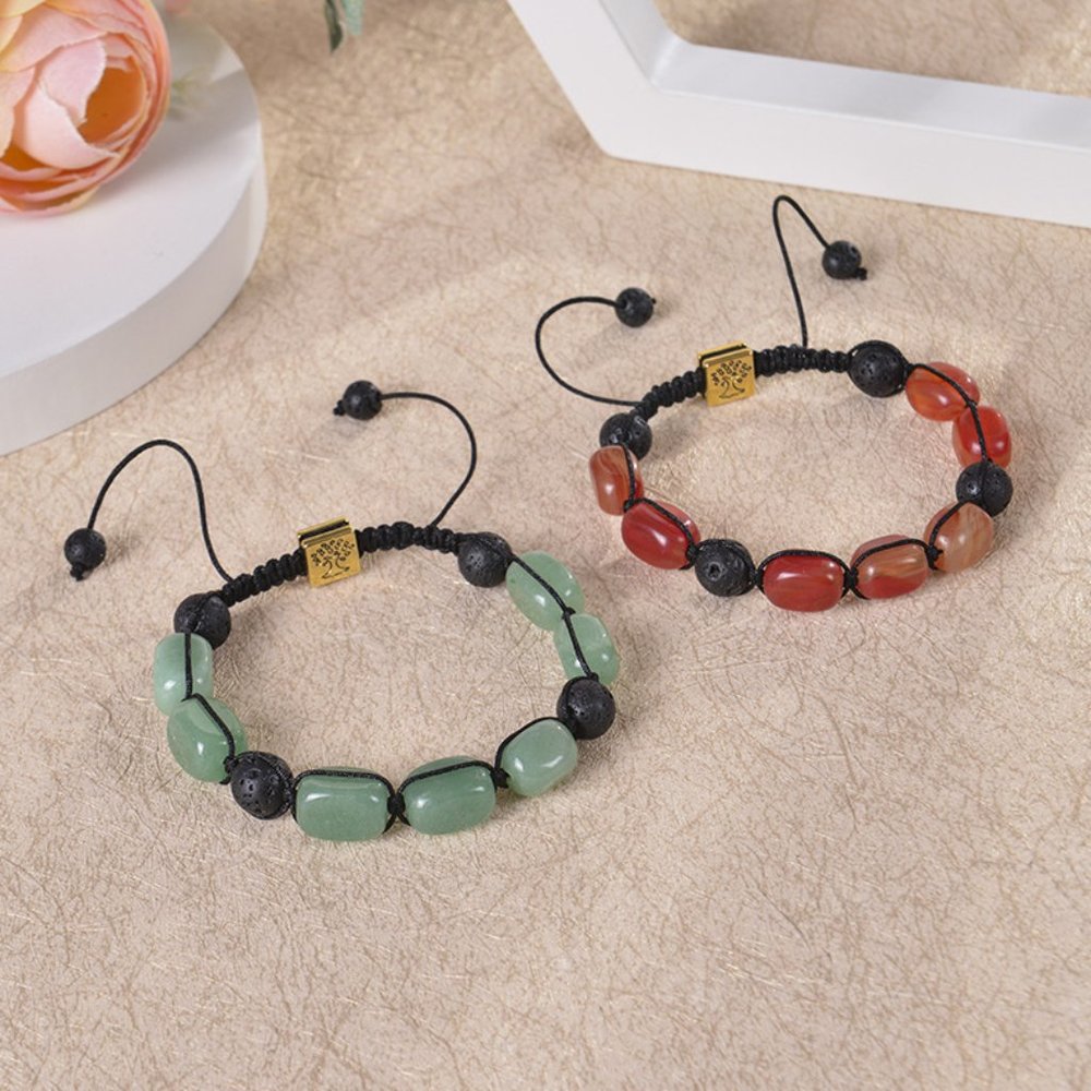 Unisex Red Agate Stone & Black Lava Rock Beaded Adjustable Braided Rope Bracelet - Picture 3 of 6